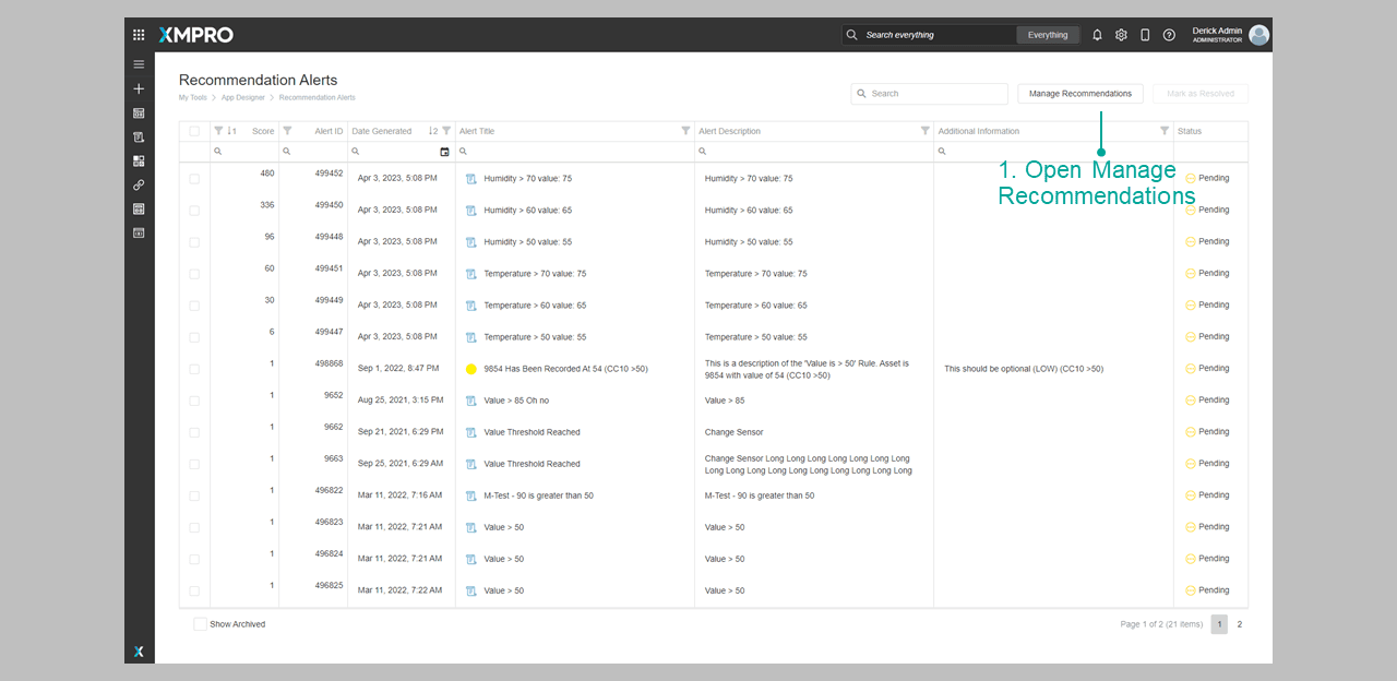 Recommendations Menu