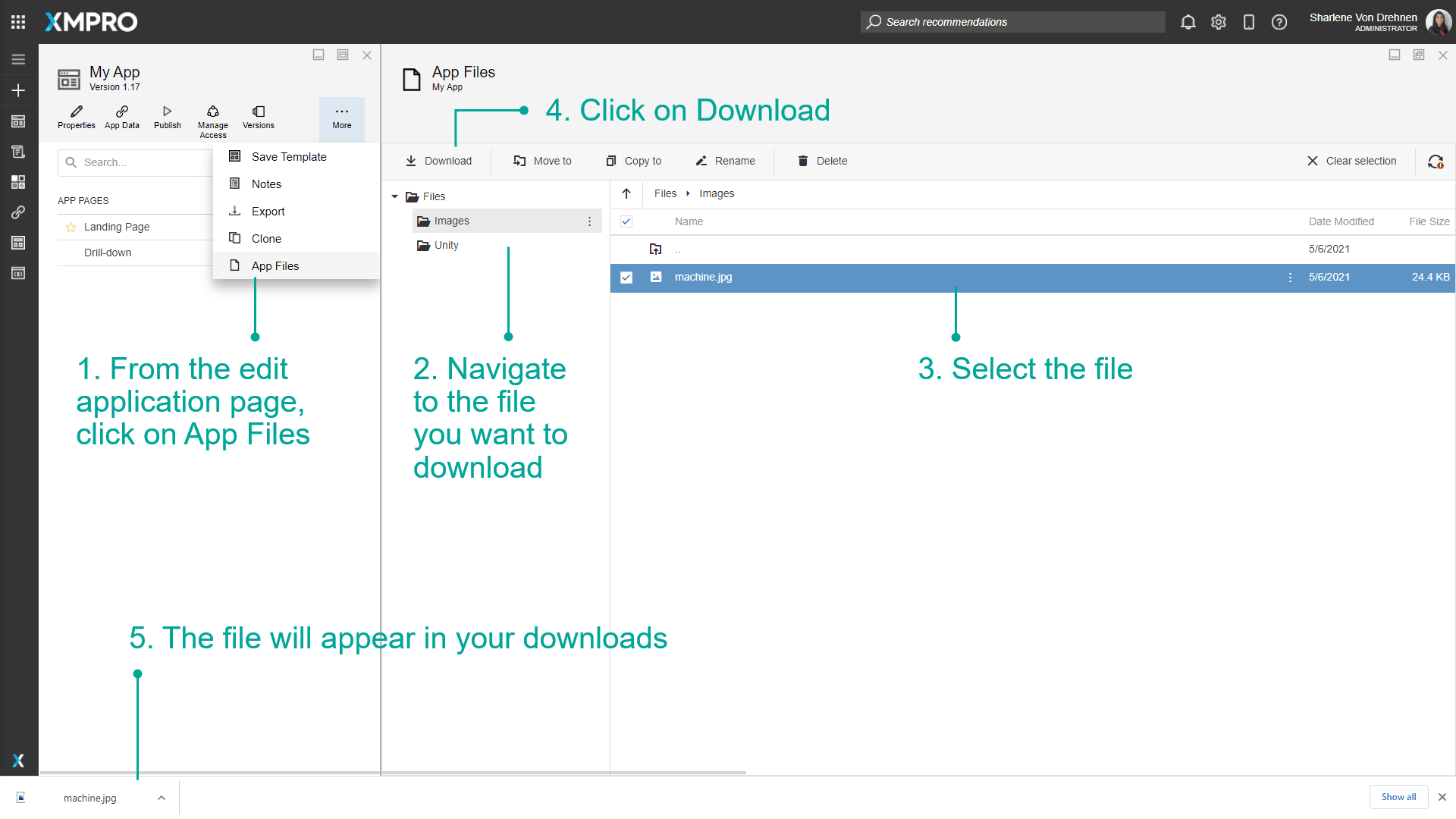 App Files interface with a file selected and the download button visible in the toolbar