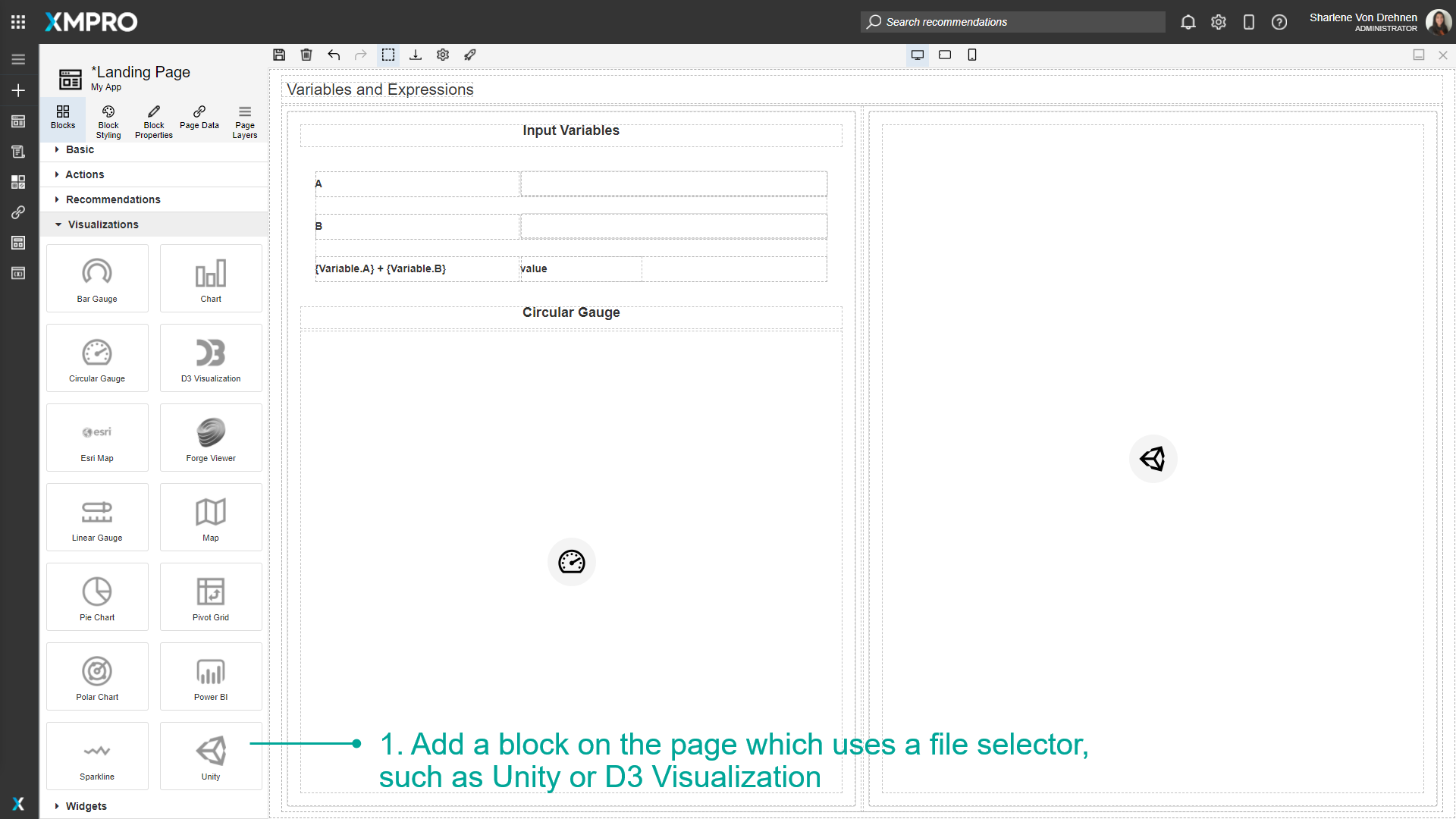 Block Properties panel showing file selector interface for Unity or D3 Visualization blocks