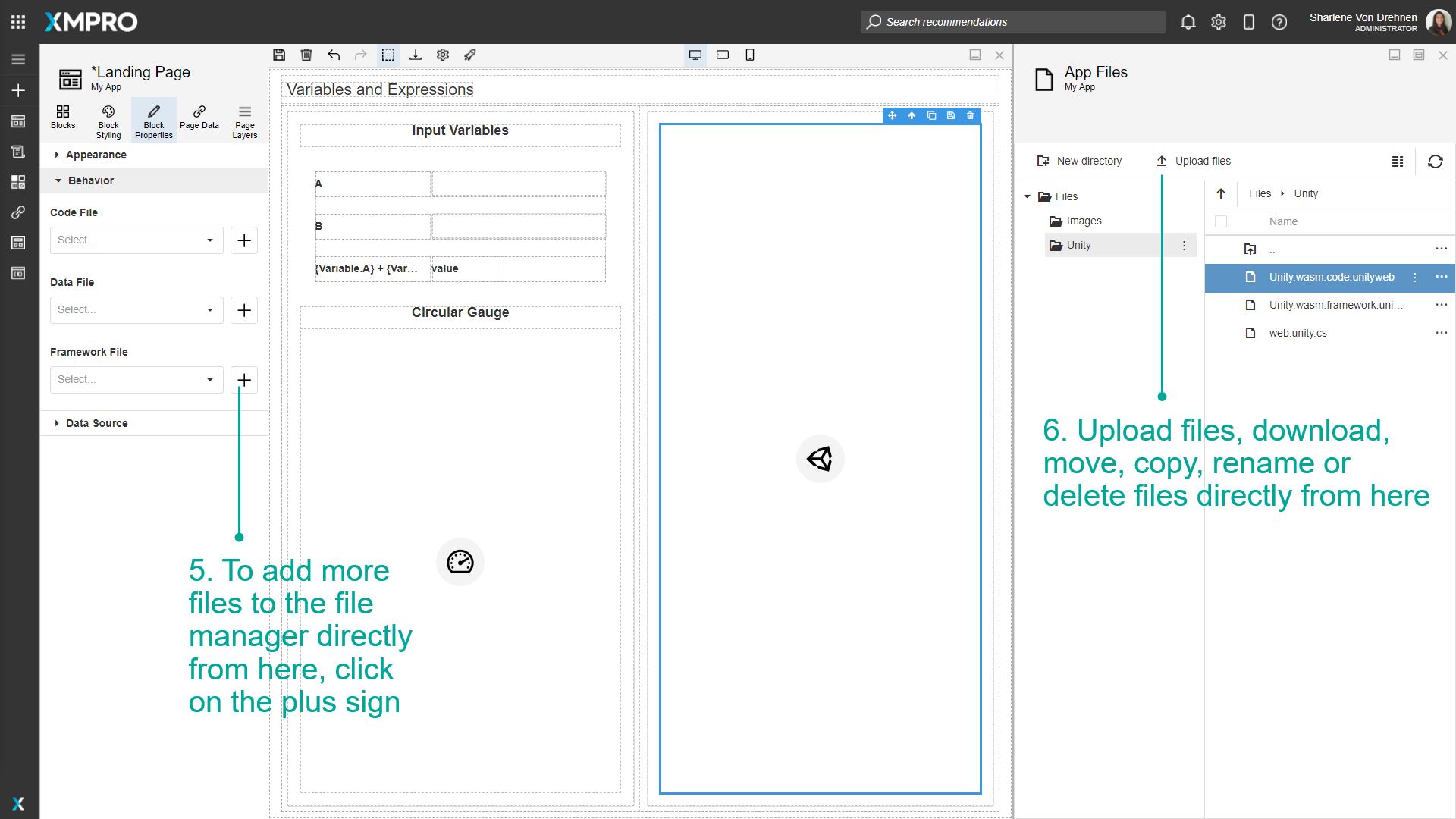 File manager interface integrated within the block properties, showing file operations like upload, download, and delete