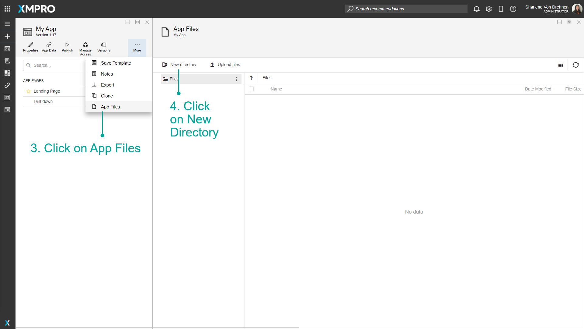 App Files interface displaying the New Directory button to create folders