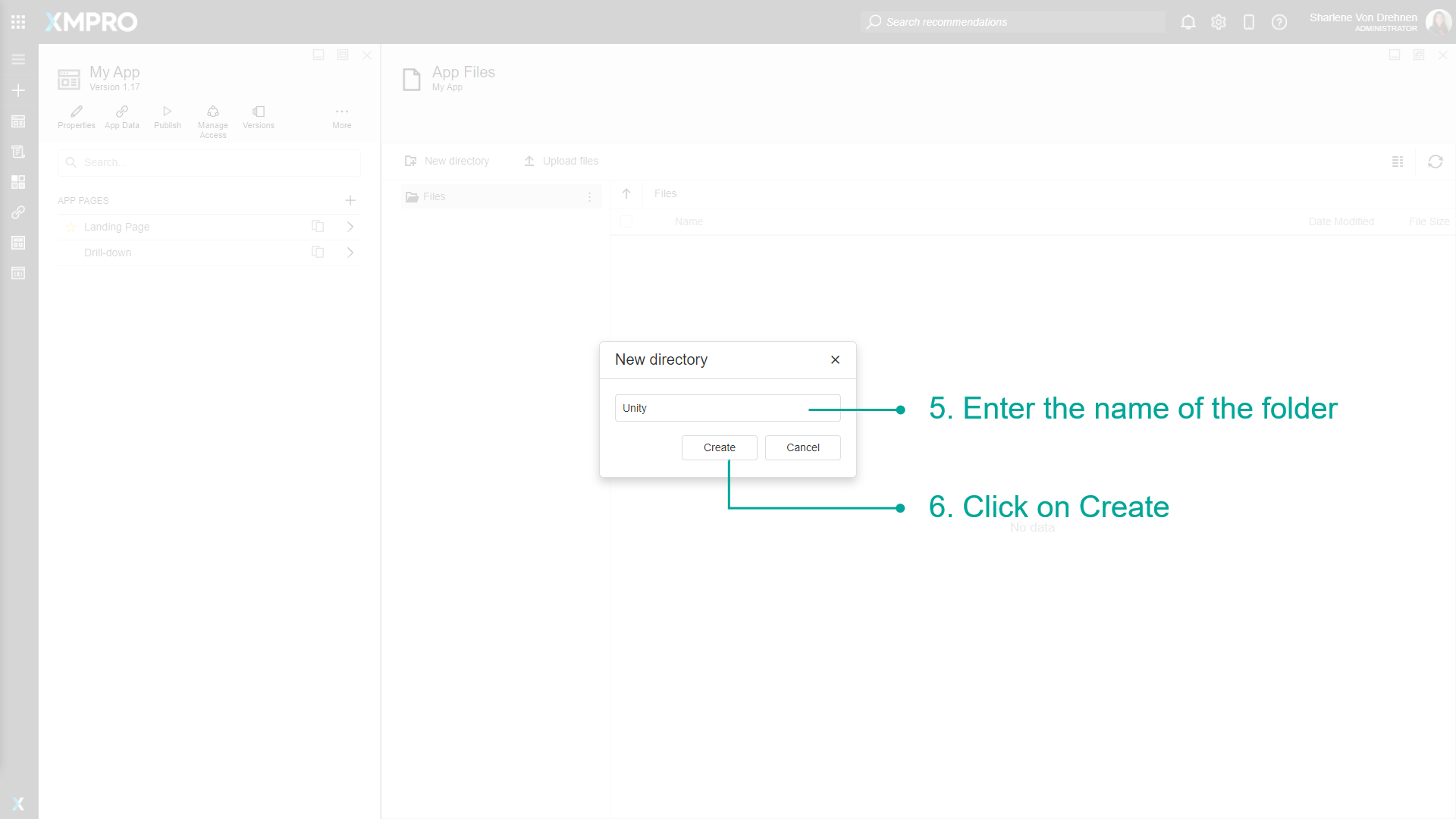 New Directory dialog box with text field for folder name and Create button