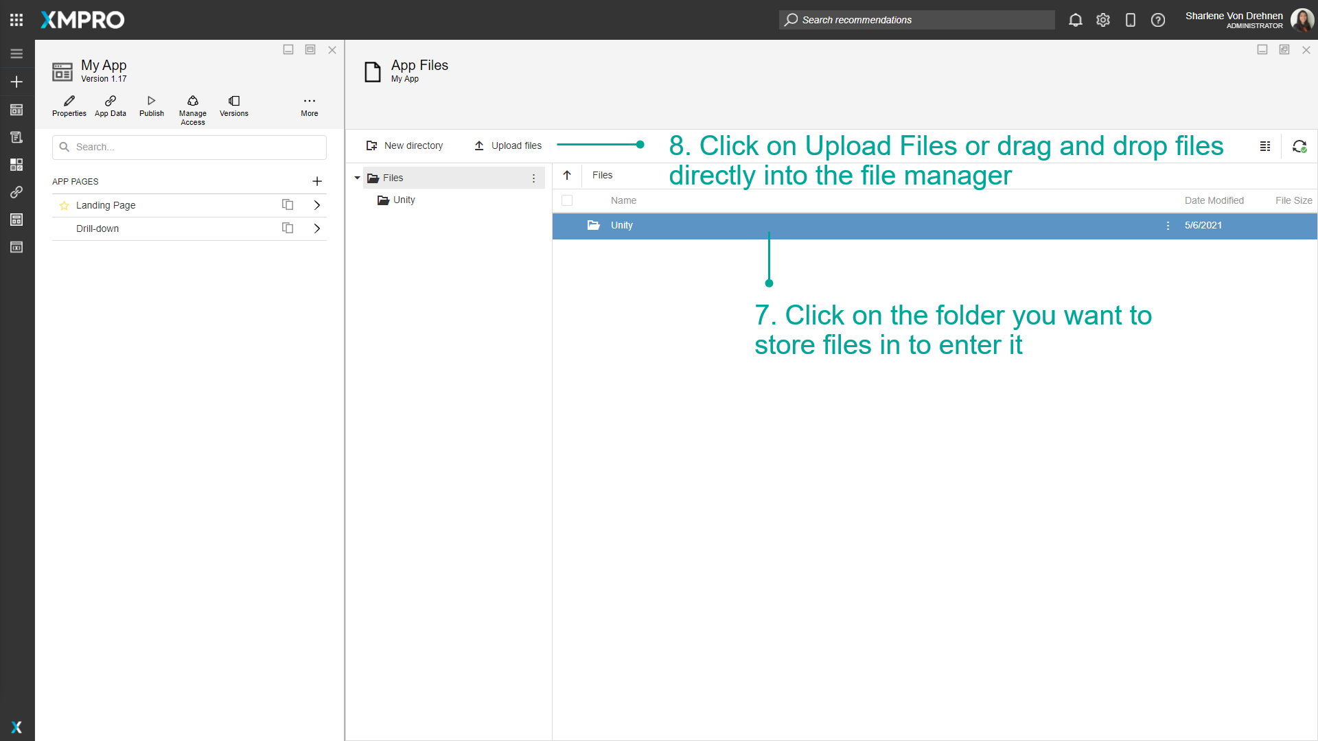 App Files folder view showing the file upload area with drag and drop zone