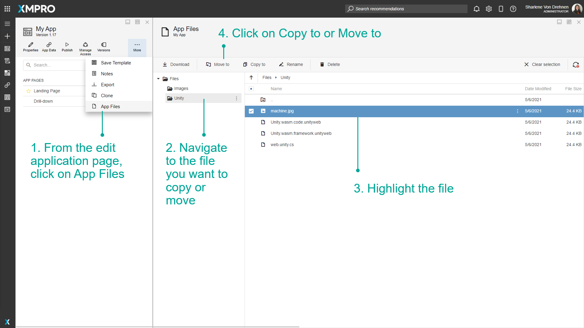 App Files interface showing a selected file with Copy to and Move to buttons in the toolbar