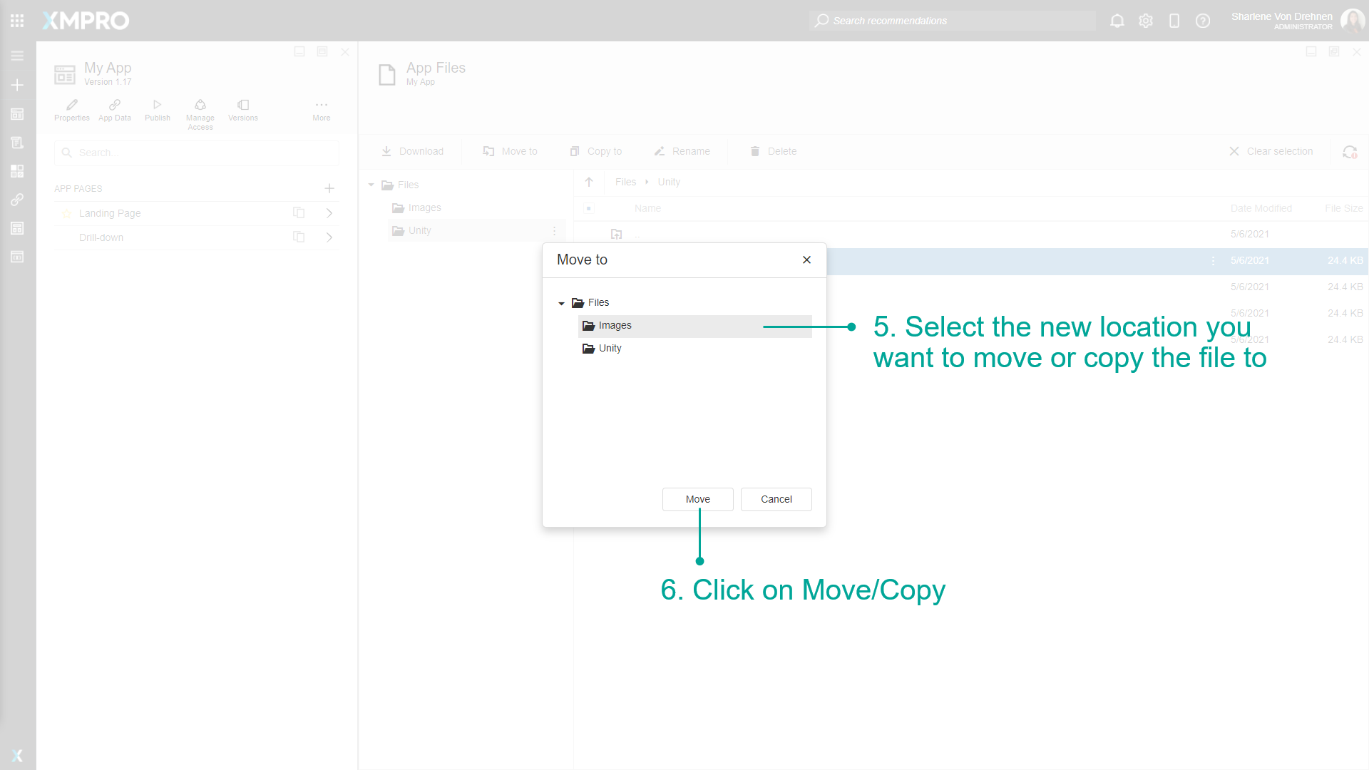 Folder selection dialog for choosing the destination location when moving or copying files
