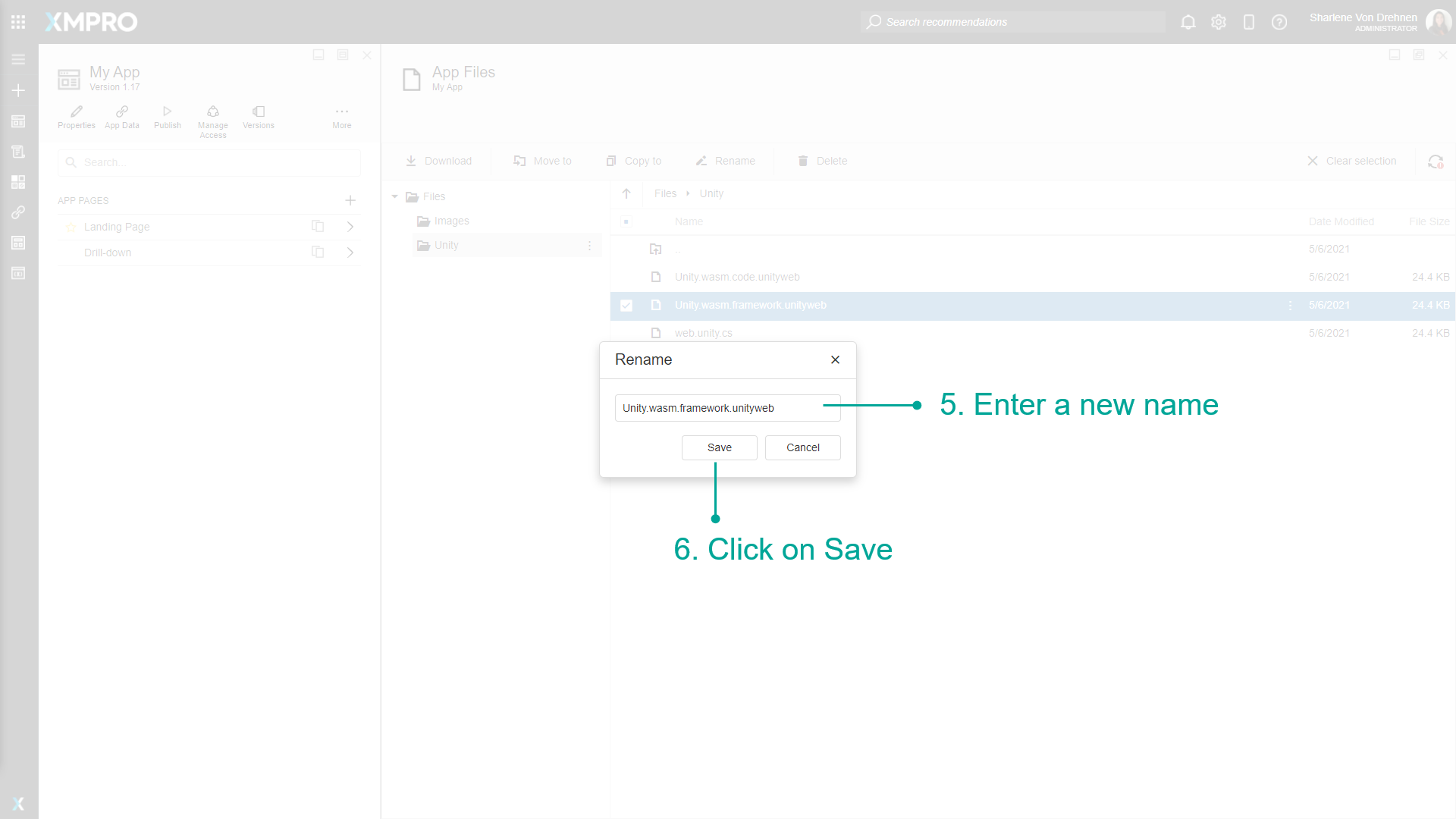 Rename dialog box with text field for entering the new file name and Save button