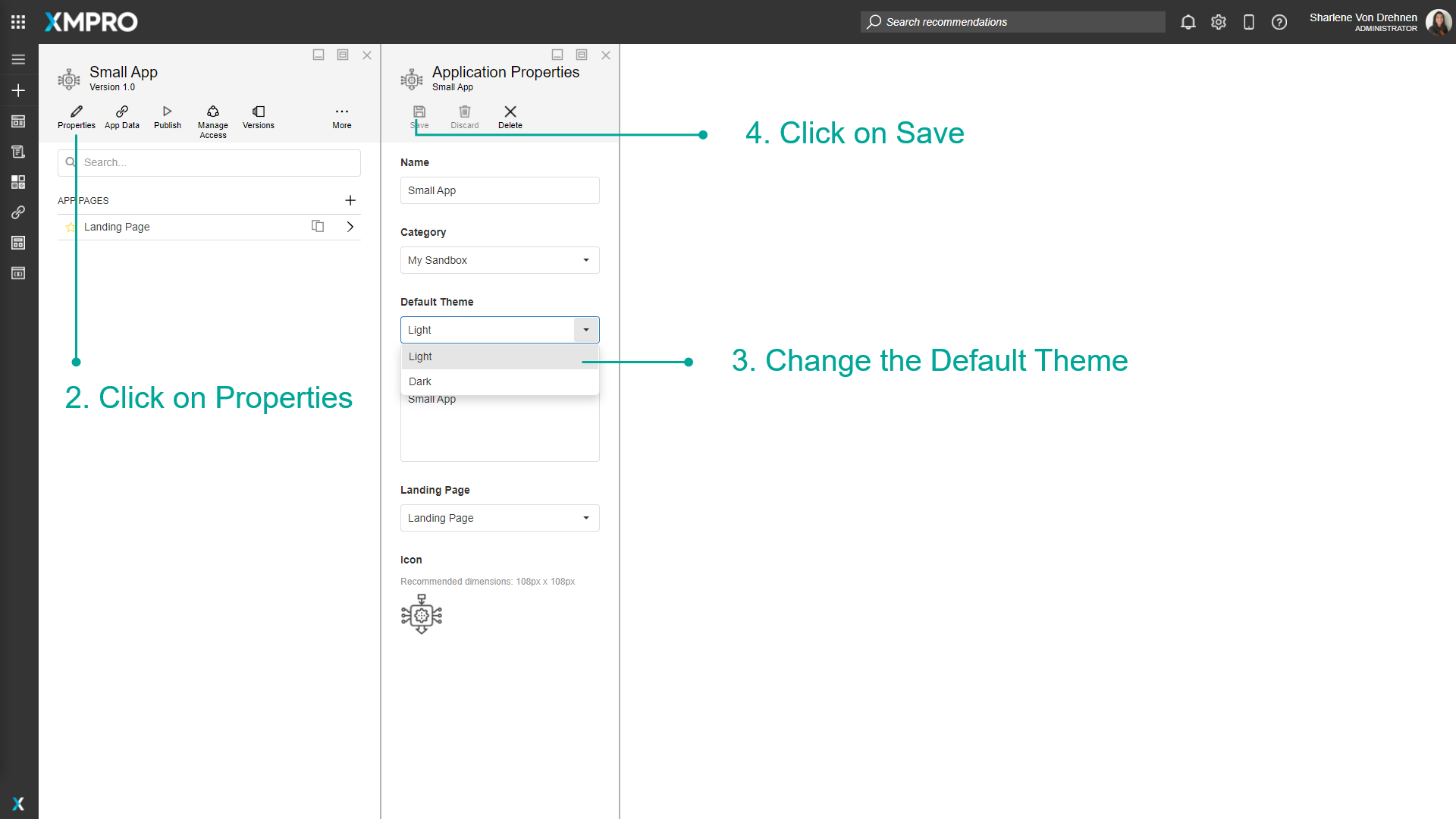 Application properties panel showing the Default Theme dropdown option
