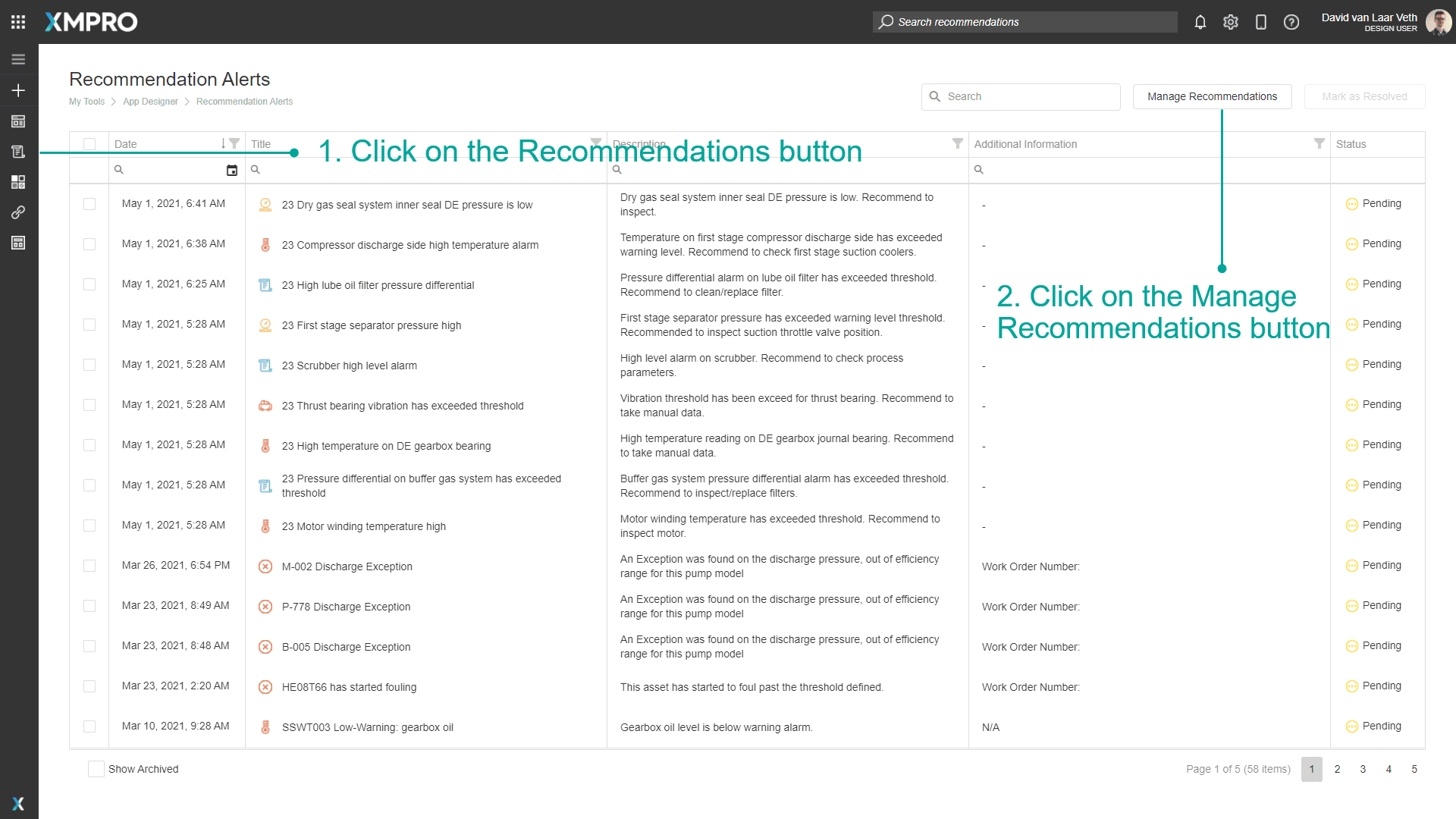 Recommendation management page