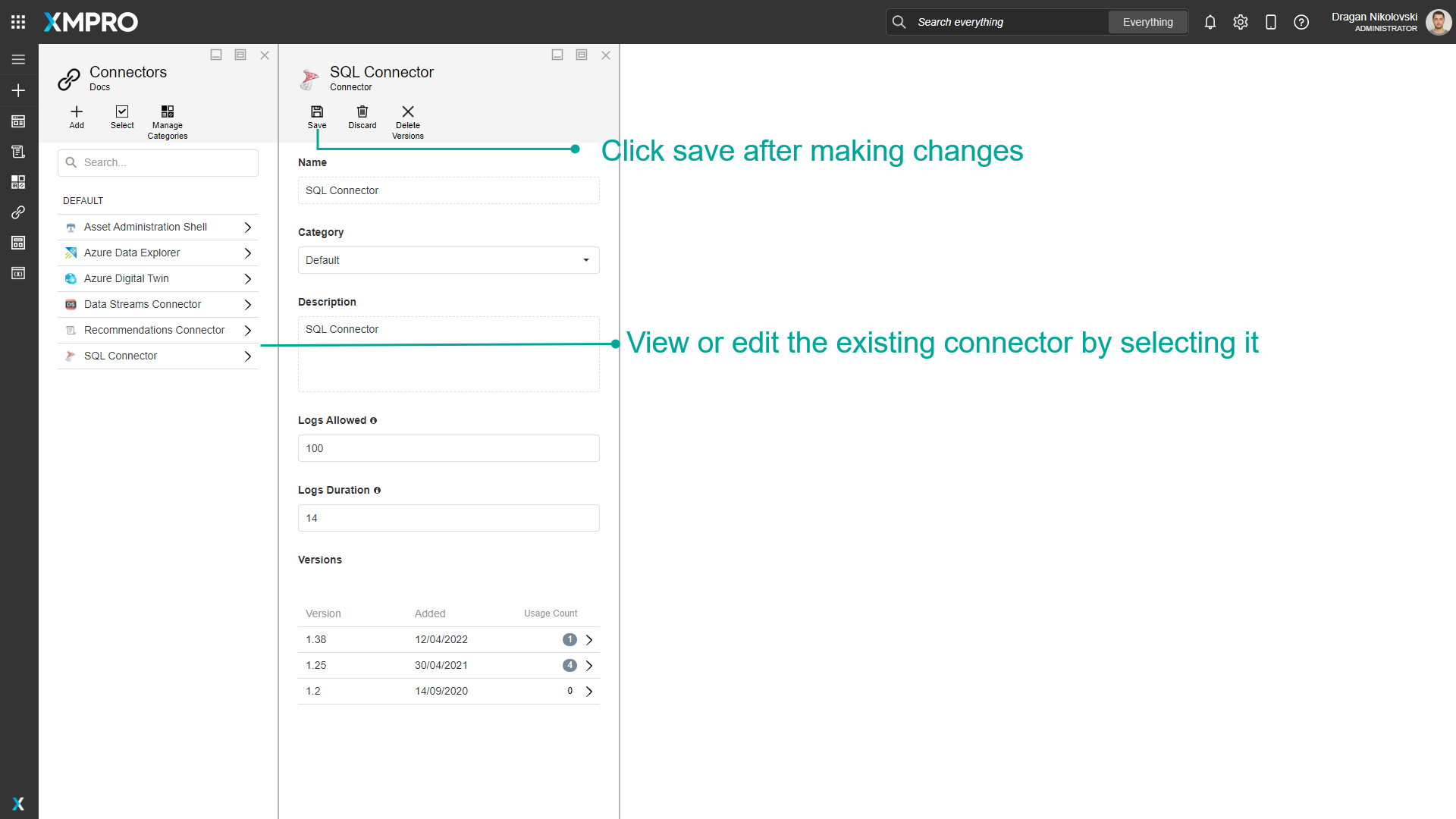Connector configuration panel