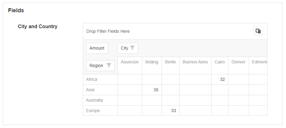 Fields configuration panel showing area, data type, and data field settings