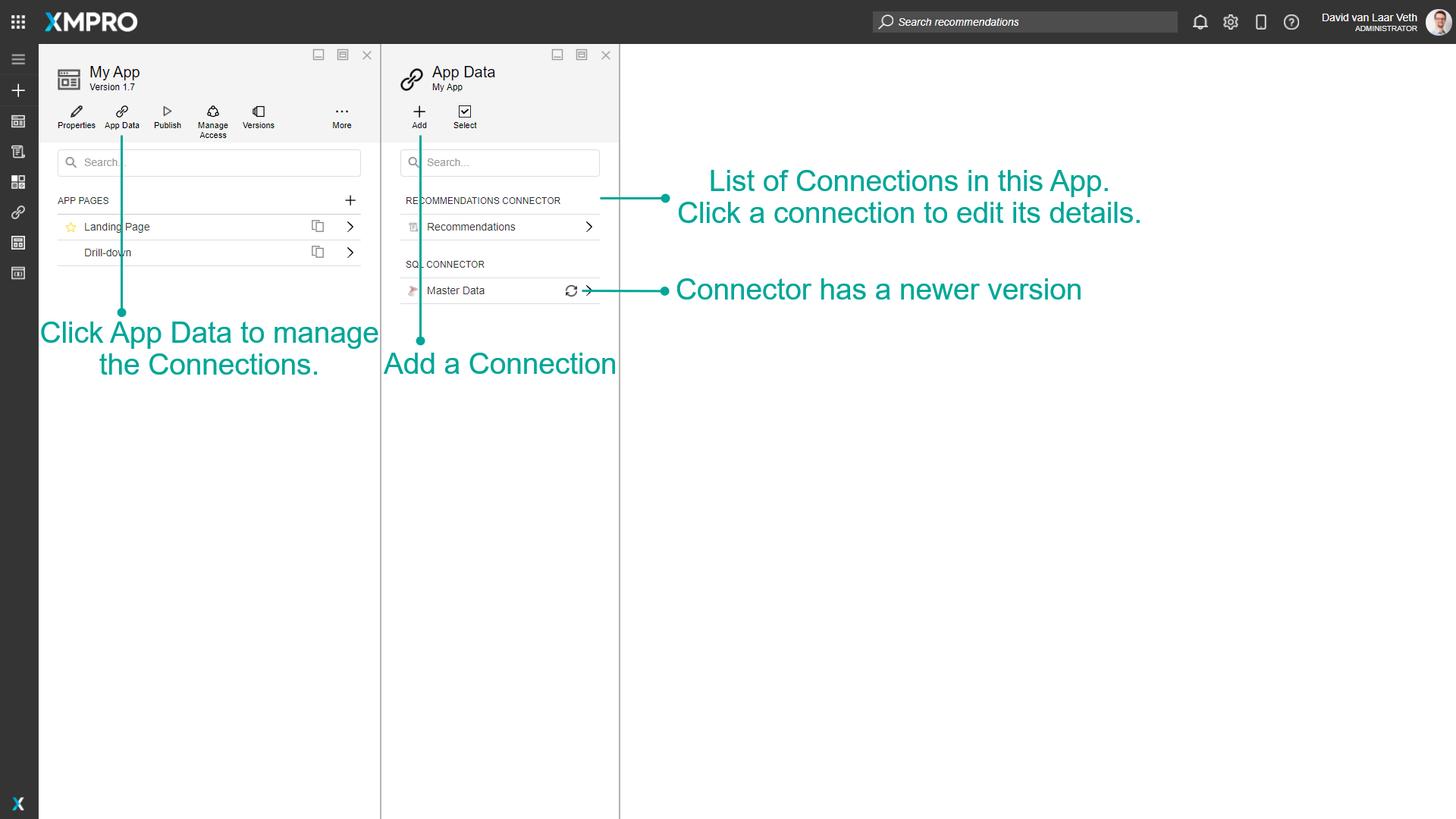 App Data interface showing default Recommendations and Data Stream Connectors