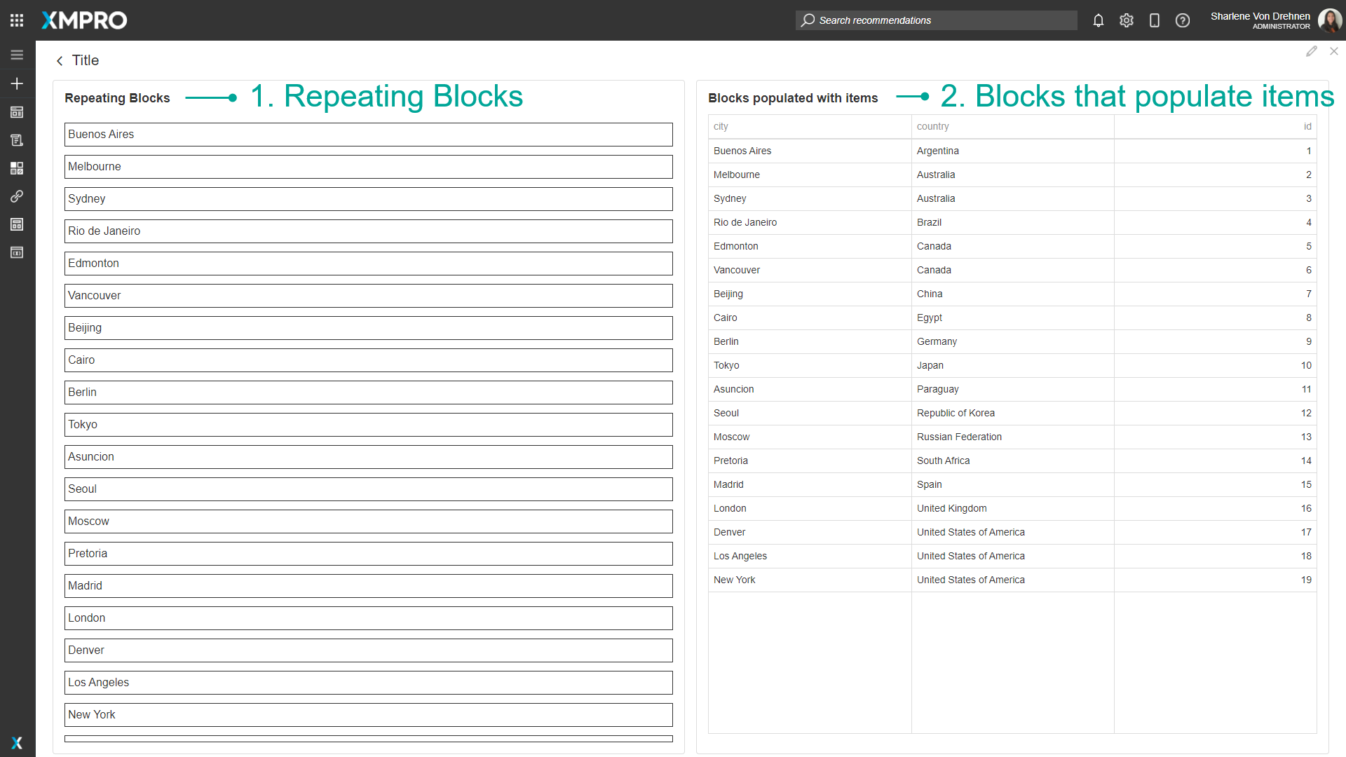 Data Source configuration showing repeating blocks and single block display options