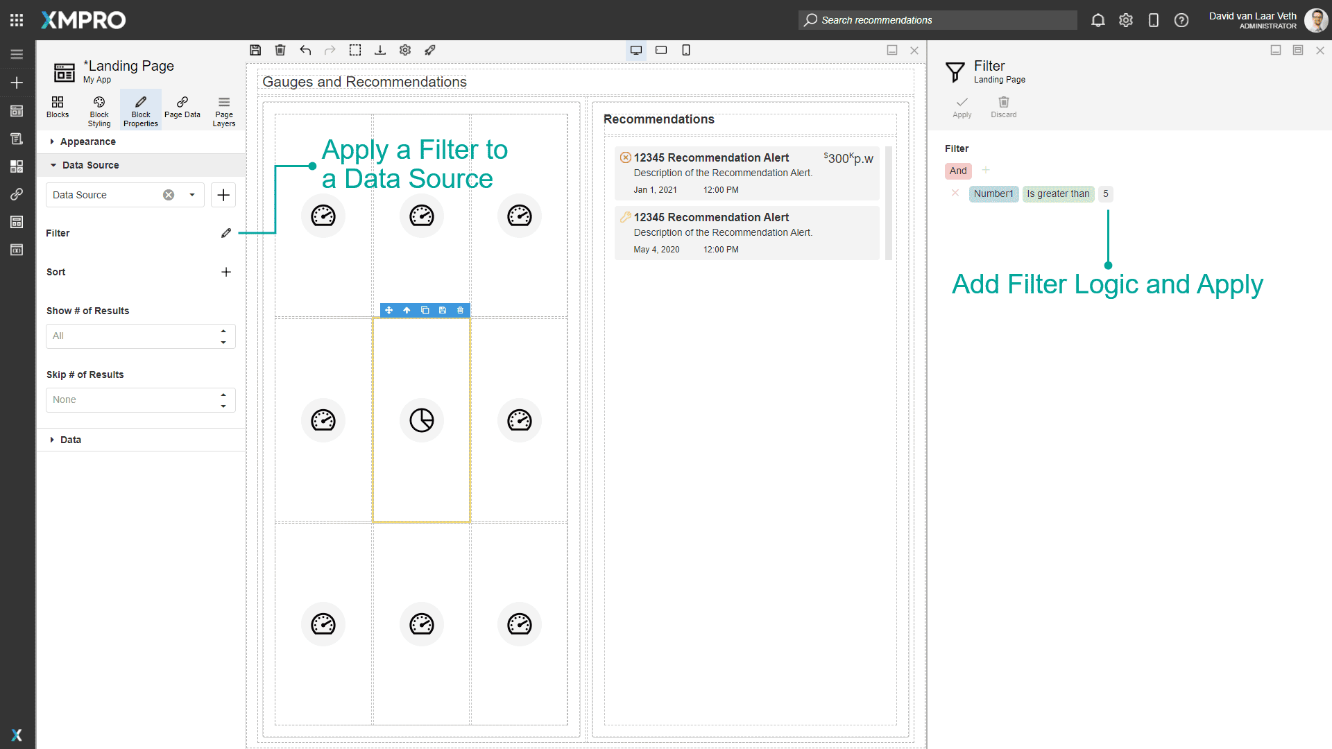 Filter builder interface with condition and group creation options