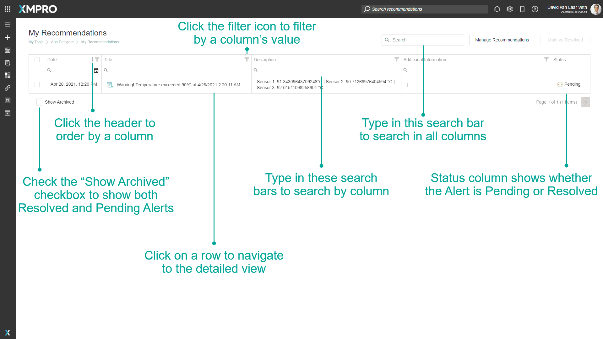 Fig 2: The recommendation alerts grid