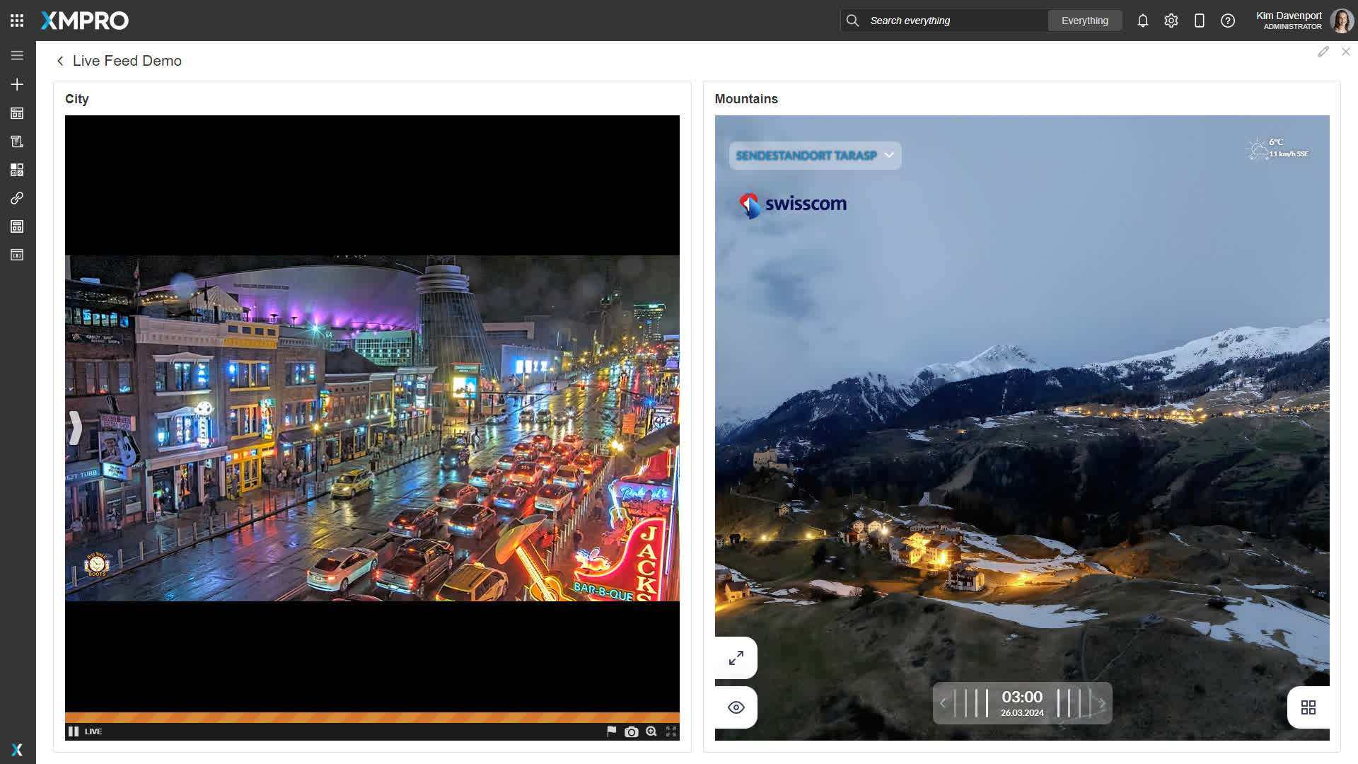 Fig 1: Two Live Feed Blocks configured for different live feed, illustrating the impact of the comera software on the runtime controls 