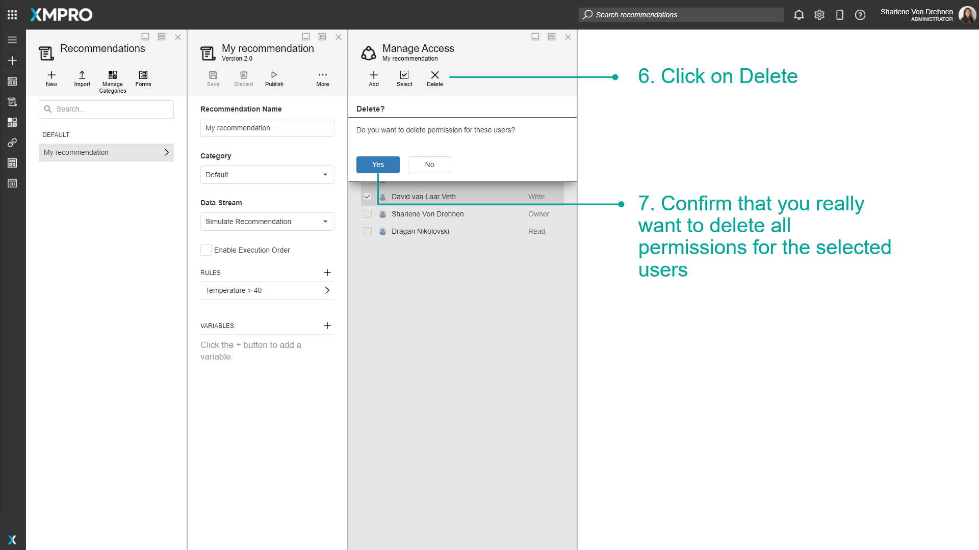 Confirming deletion of multiple user permissions