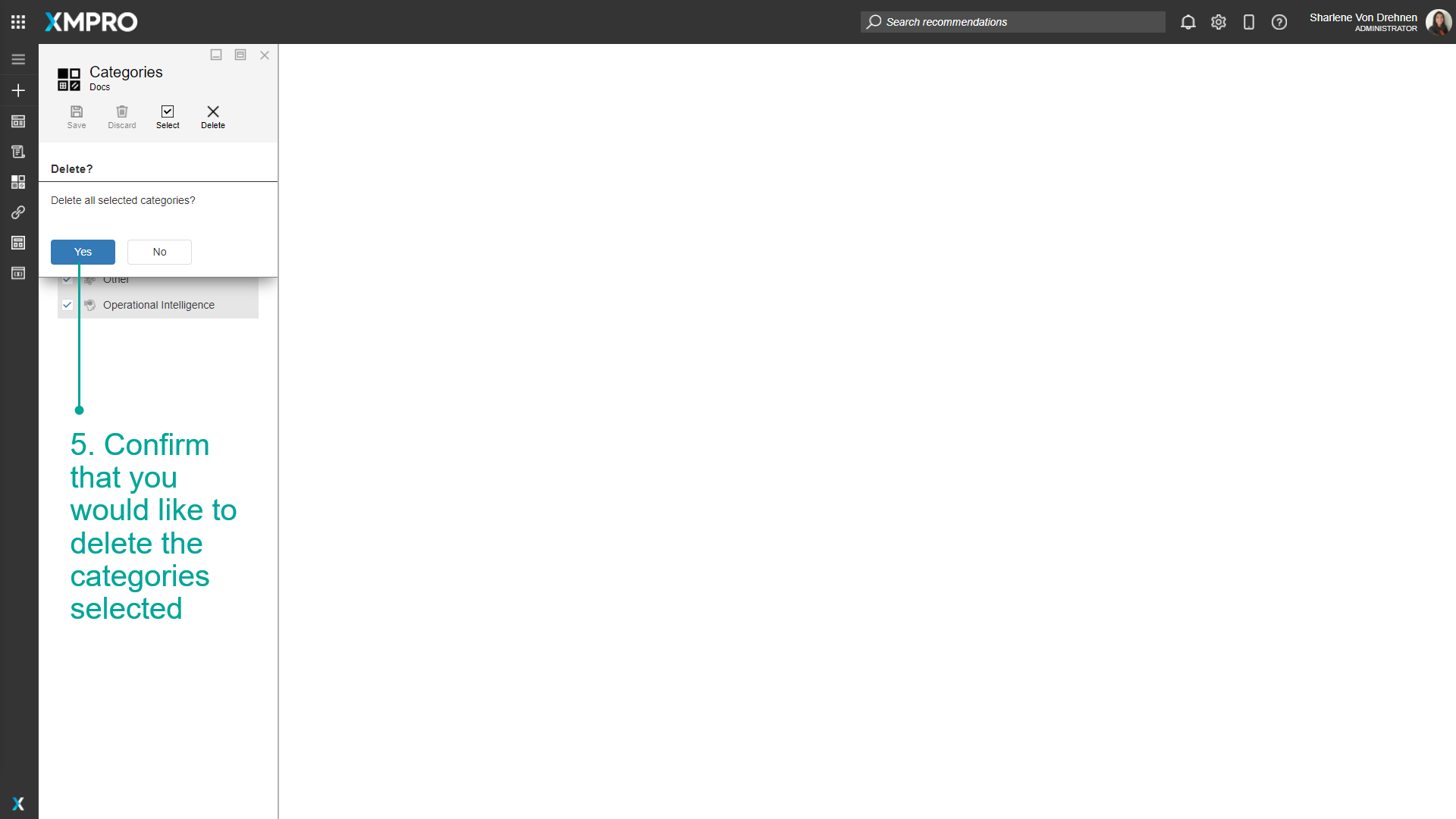 Confirming deletion of multiple categories