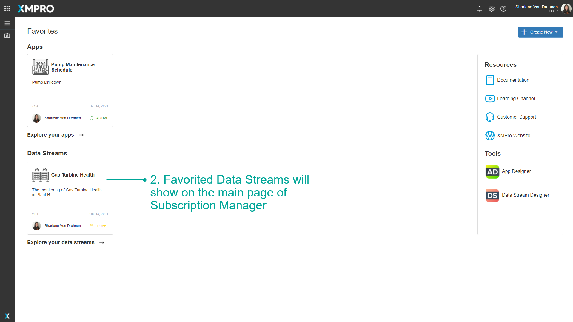 Fig 5: Favorited Data Streams in Subscription Manager