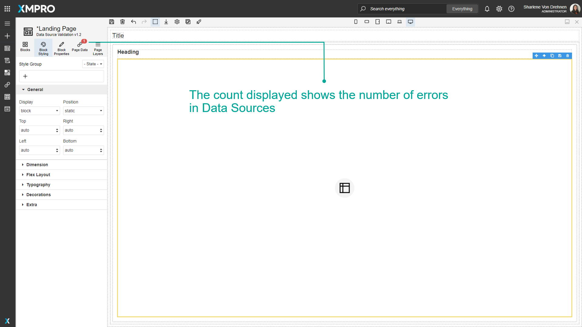 Page Data tab showing validation error count notification
