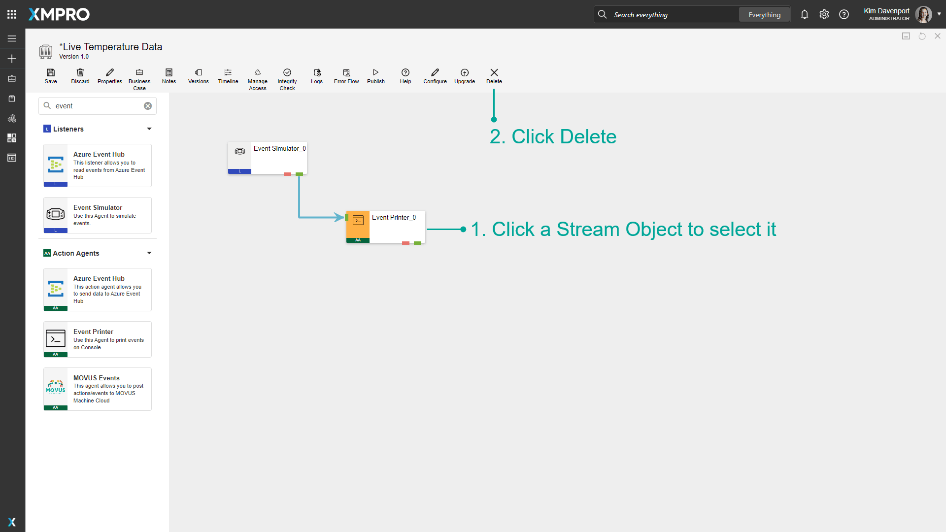 Deleting a Stream Object using the Delete Button