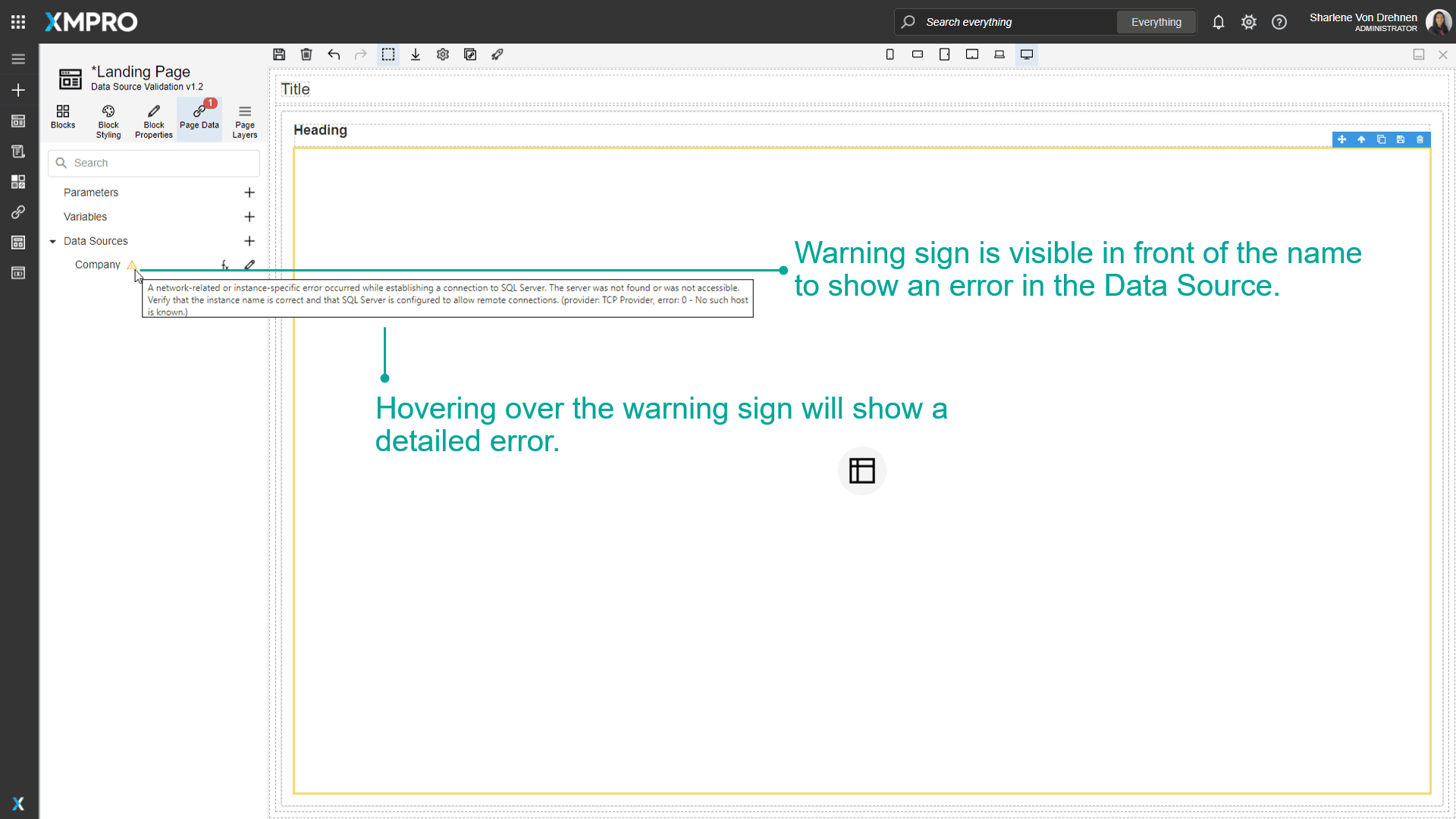 Data Source validation error with exclamation mark and detailed error message on hover