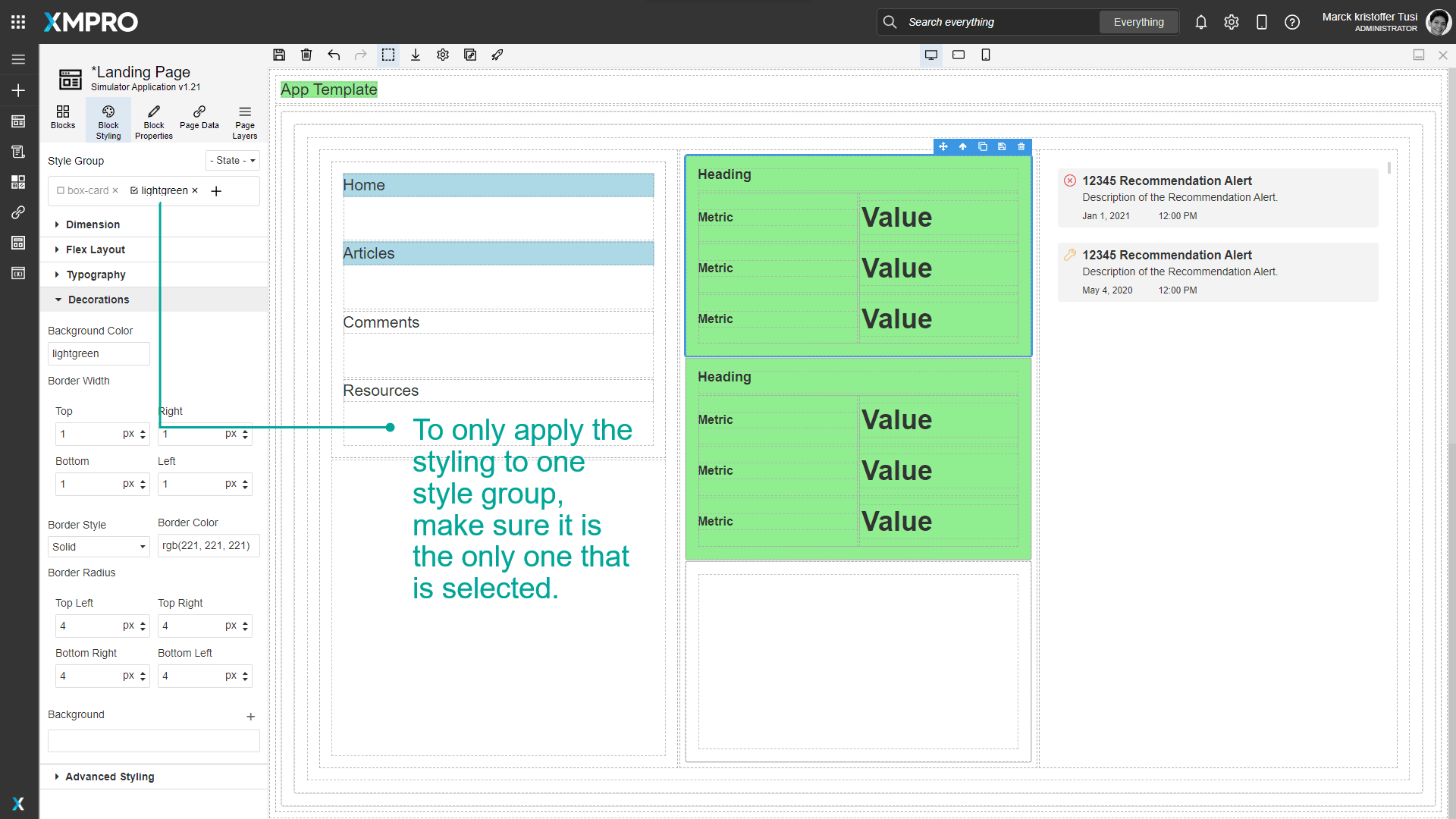 Multiple style groups 'box-card' and 'lightgreen' shown in the Style Group field