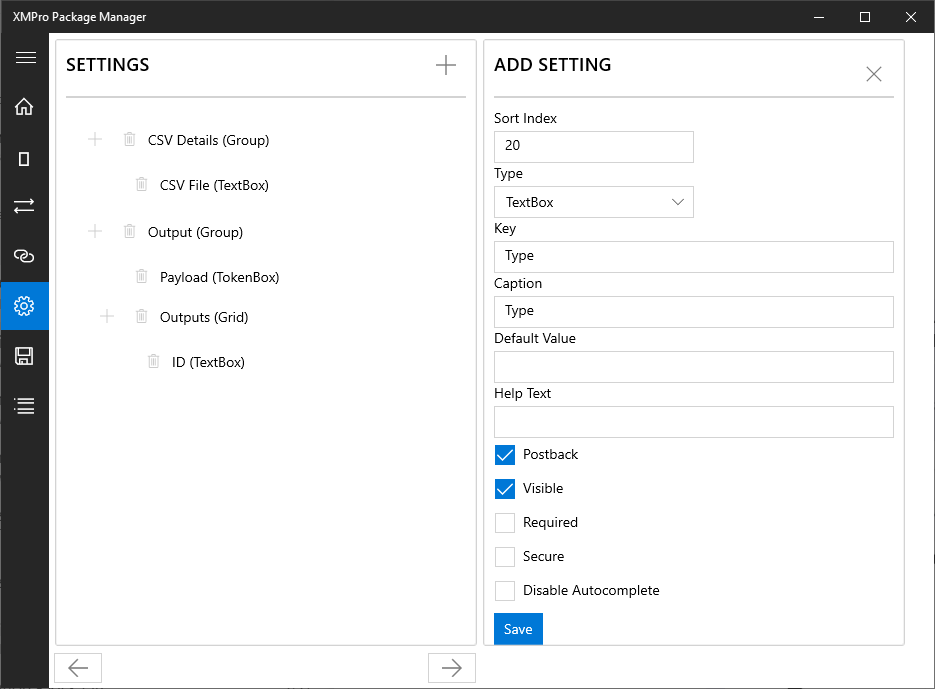 Settings configuration