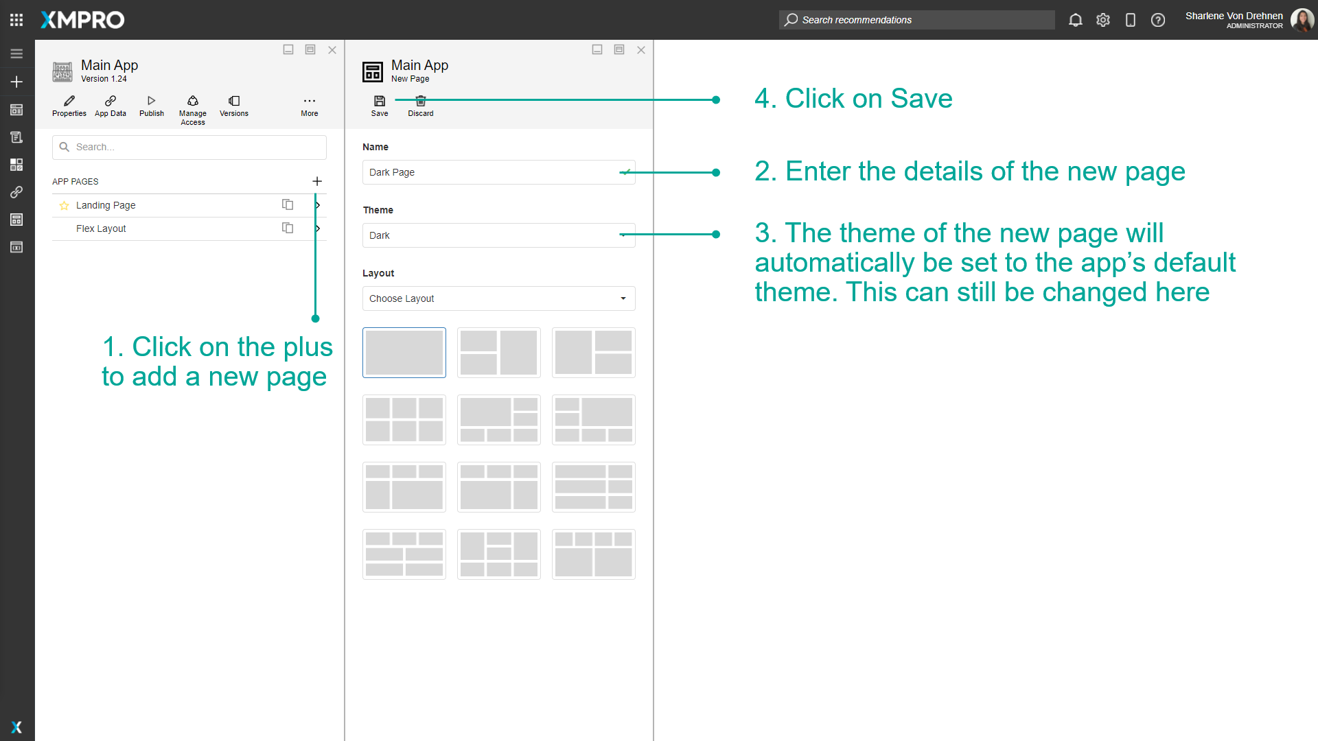 New page creation dialog with Theme dropdown automatically set to the app's default theme