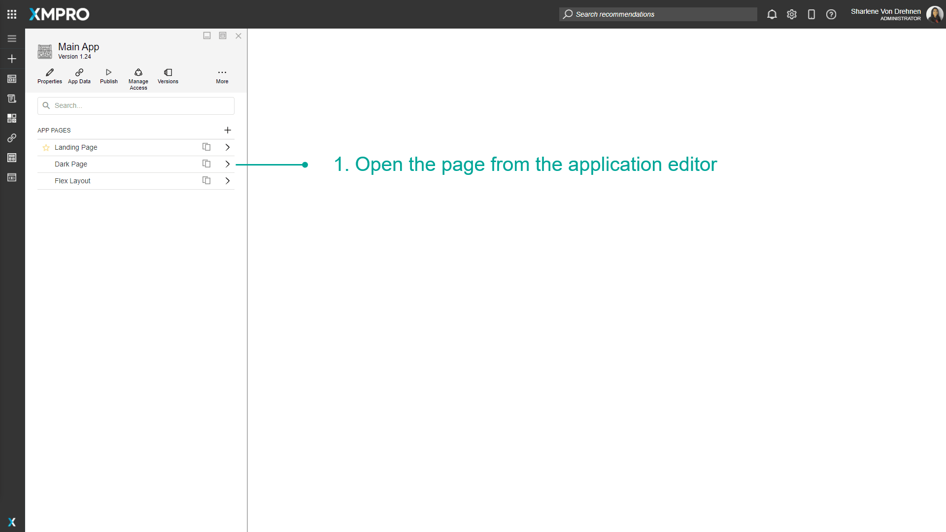 Application editor showing how to open a page for editing