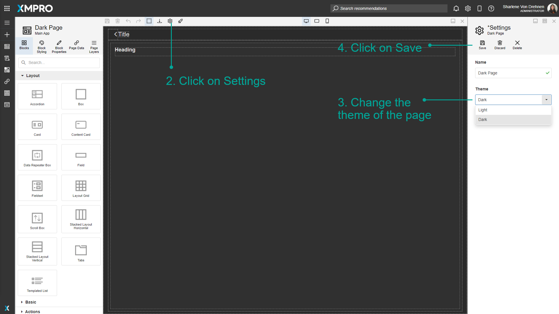 Page settings panel displaying the Theme dropdown option for changing the page theme