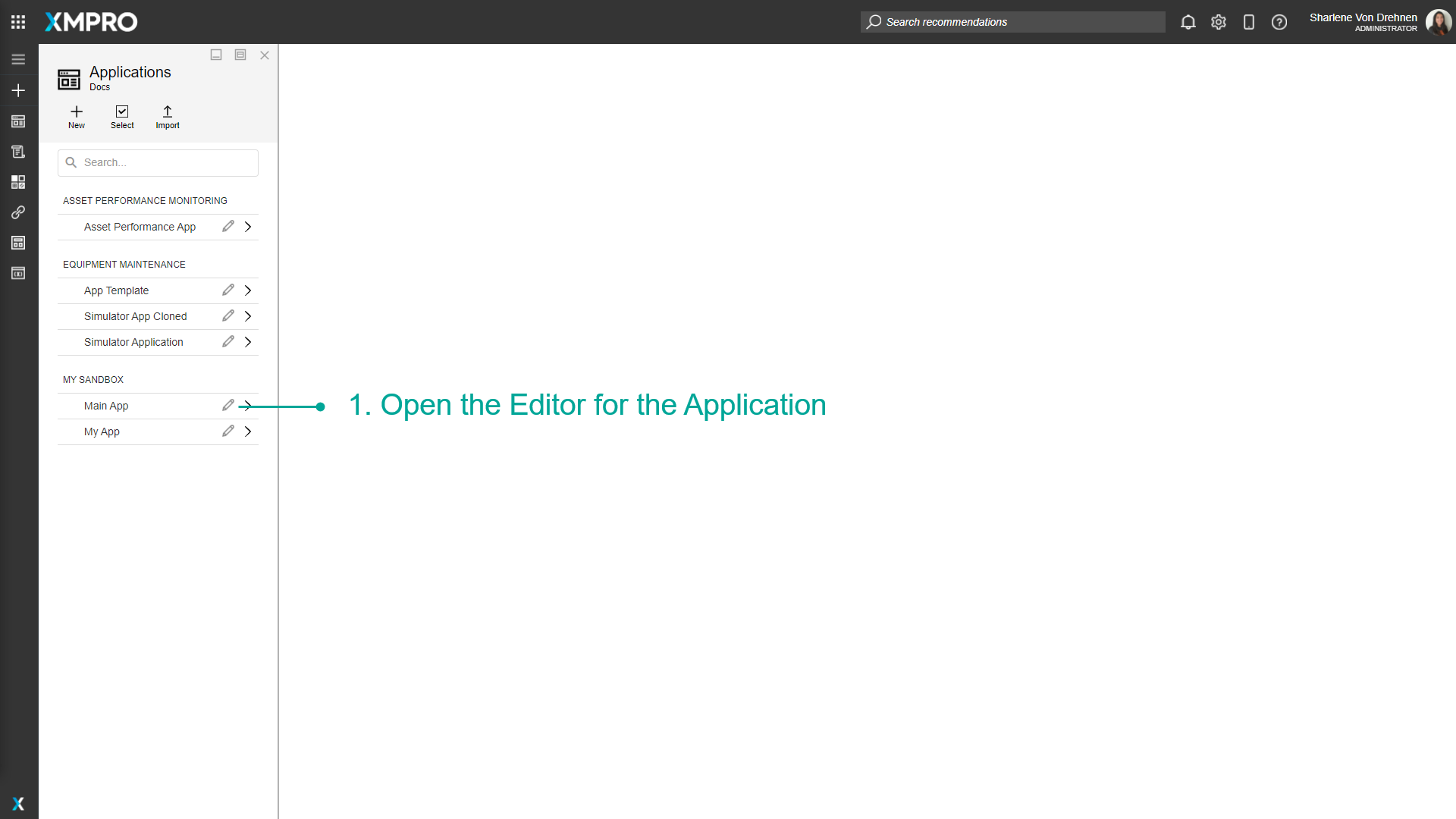 Screenshot of the application dashboard showing how to open the App Editor with the edit button highlighted